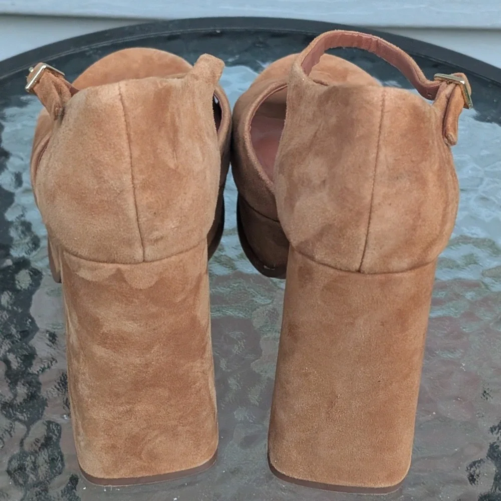 Zara EU 37 US 7 Brown Faux Suede Platform Block Heel Ankle Strap Sandals Retro